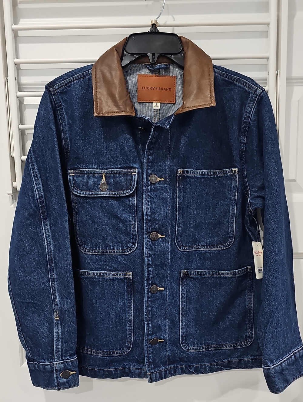 Lucky Brand Navy Denim Jacket with Brown Leather Collar